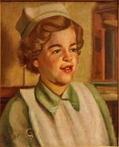 Oil Painting by GA Stevens of his younger daughter Anne Stevens in her trainee nurse uniform