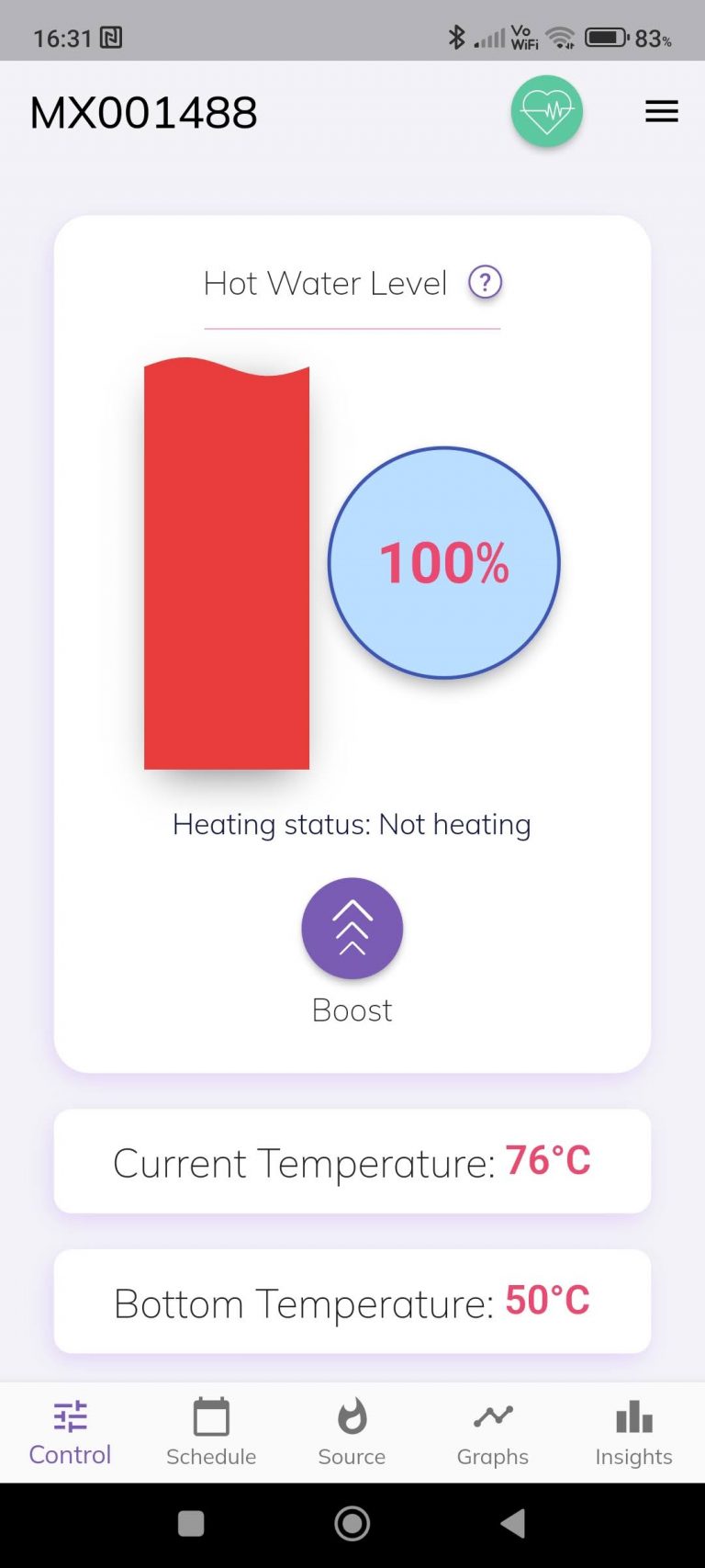 Screenshot from mixergy app showing 100% hot water