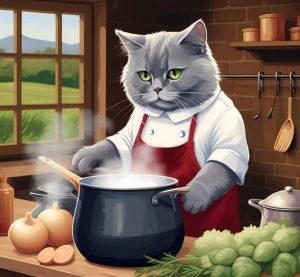 Cartoon grey cat wearing red apron and large saucepan surrounded by vegetables