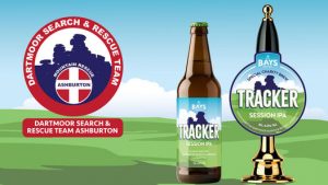 Bottle of Tracker Beer and Dartmoor Rescue Group logo