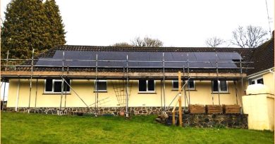 solar panels and scaffolding on a rainy day