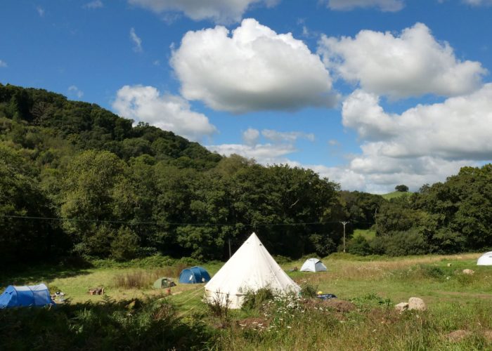 Accommodation: View of Hay Meadow camping field with blue sky and clouds